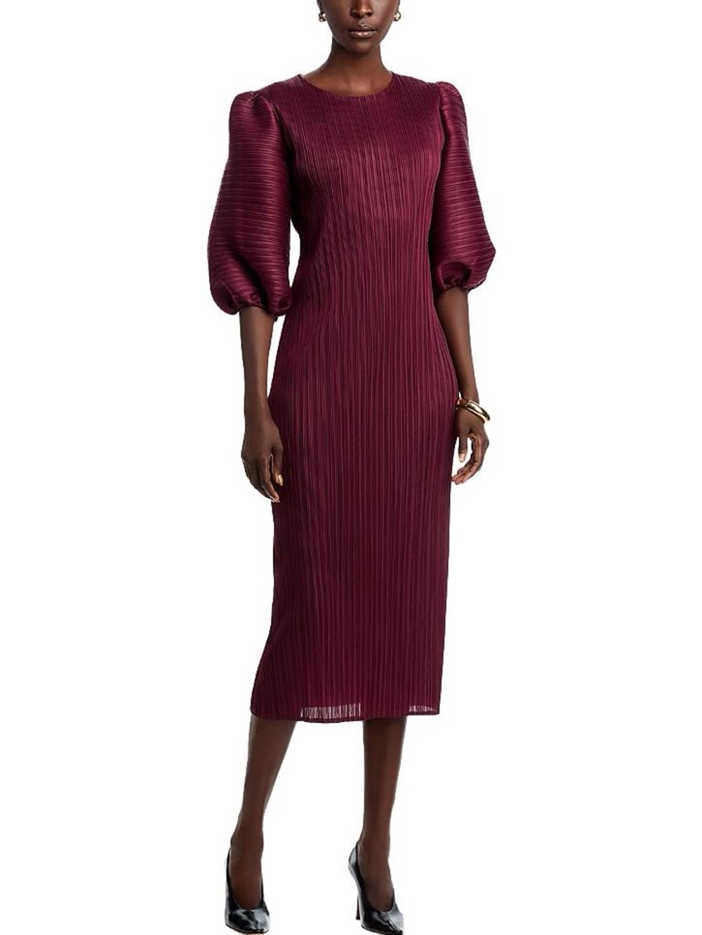 Pleated Puff-Sleeve Midi Dress in Wine